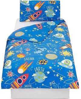 Junior Bedding Set. The Space Dog is floating in the galaxy surrounded by planets, rockets, and space ships with aliens.