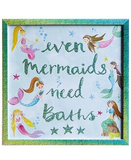 Mermaid Canvas Art. Sparkly green frame with pale blue background and 6 cute mermaids.