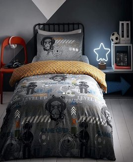 Reversible Duvets. Grey with Gamer Icons in dark grey adn white. Orange & grey diamond affect to the reverse.