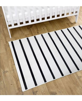 White, rectangular rug with narrow black stripes