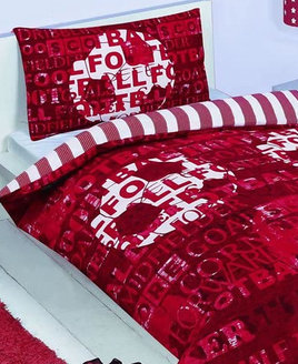 Red & White, Reversible Bedding. Red & White Striped Reverse. Front Patterned with Football Word Terms.