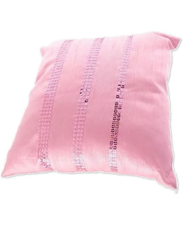 Small bubblegum pink satin effect cushion with 3 rows of pink sequins.