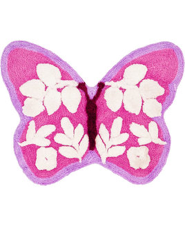 Pink, Lilac and White Butterfly Shaped Rug. White Leaf Shaped pattern in the Wings.