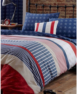 American Flag inspired, blue, red and white duvet. Blue Star Reverse Pattern.