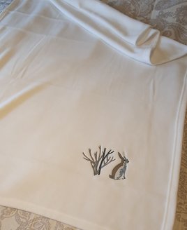 White Fleece Blanket, Embroidered in One Corner With a Winter Rabbit and Winter Tree