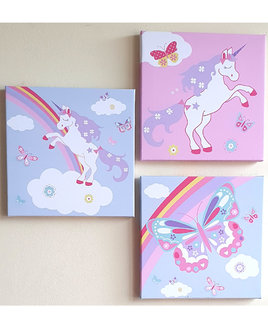 3 x white canvas. 1 pink with unicorn, 1 blue with unicorn and 1 blue with butterfly