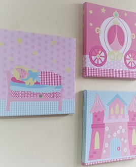 3 x pink canvas. One golden haired princess. One white carriage. One pink castle