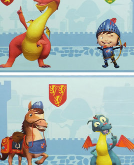 Blue, 5 metre long, self adhestive wallpaper border featuring Mike the Knight, his horse and a couple of friendly dragons.