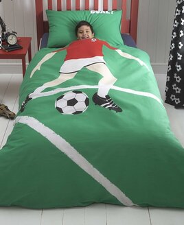 Green background with footballer bedding with a black and white football patterned reverse.