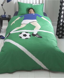 Green background with footballer bedding with a black and white football patterned reverse.