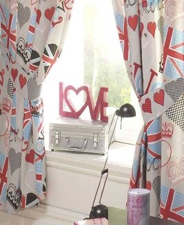 Red, White and Blue Union Jack Themed Curtains with a Love Heart Pattern.