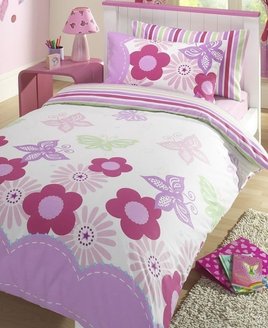 King Size Duvet Cover. White with pastel butterfly & floral pattern. Reverse is a candy stripe pattern.