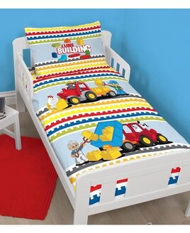 Lego Duplo Toddler Bed Set. Primary colours on a white background with Lego men, animals, tractor and truck