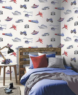 Zoom Away, Boys Transport, Bedroom Wallpaper - Grey