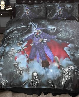 Gothic Style King Size Duvet with skulls, vampire bats and skeletons on a grey, blue and red background.