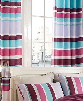 Bright, blue, grey, cerise and purple striped curtains