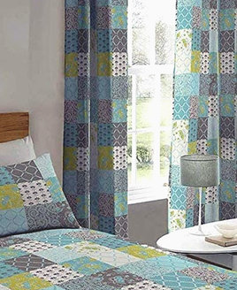 Blue and White Patchwork Patterned Curtains