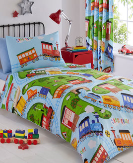 Kids Bedding Set. Trains and train tracks running through the countryside on a sky blue background