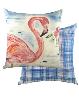 Watercolour Flamingo, Reversible Blue and White Check Cushion