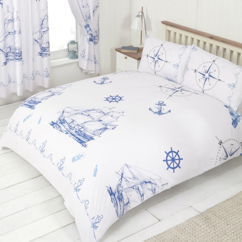 Nautical Super King Size Duvet & Pillowcases Bed Cover Set Ships and Anchors 