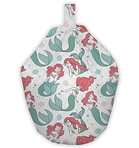 Child Sized White Bean Bag featuring the Mermaid, Ariel with her long, red hair and turquoise mermaids tail.