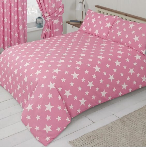 Bubble Gum Pink Duvet Cover patterned with two size of white stars.