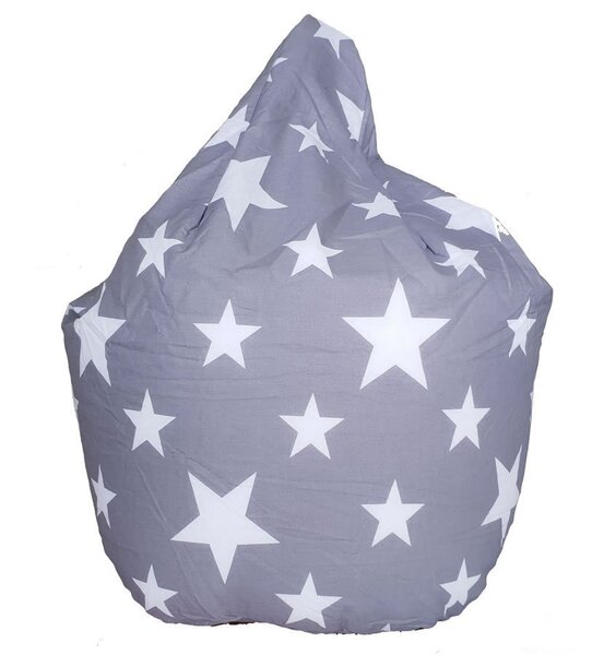 Child sized pale grey bean bag patterned with white, 5 point stars.