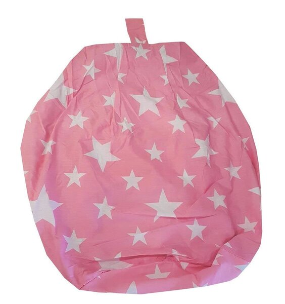 Pink, child sized bean bag, patterned with white stars.