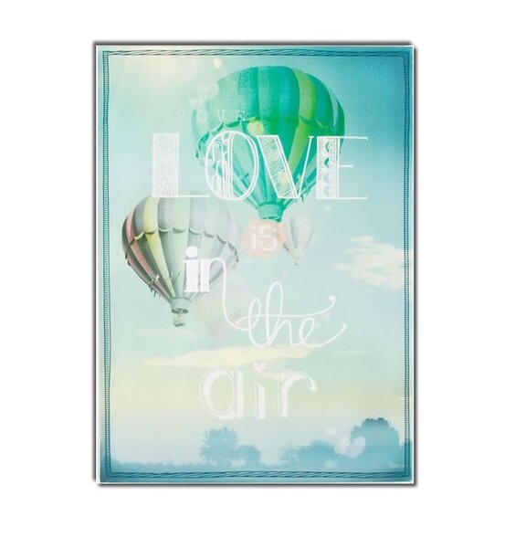 Large Blue Wall Canvas with Hot Hair Balloons and the Slogan - Love Is In The Air.
