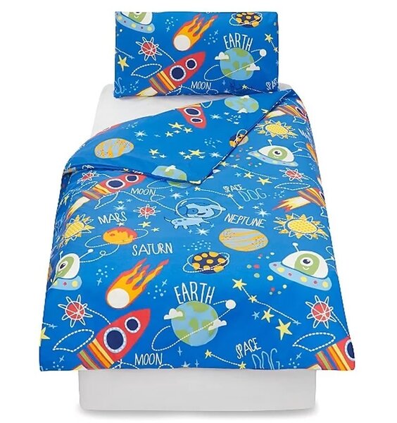 Junior Bedding Set. The Space Dog is floating in the galaxy surrounded by planets, rockets, and space ships with aliens.