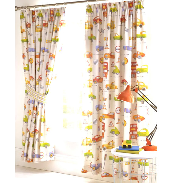 Boys curtains with cars, buses, race cars and road signs