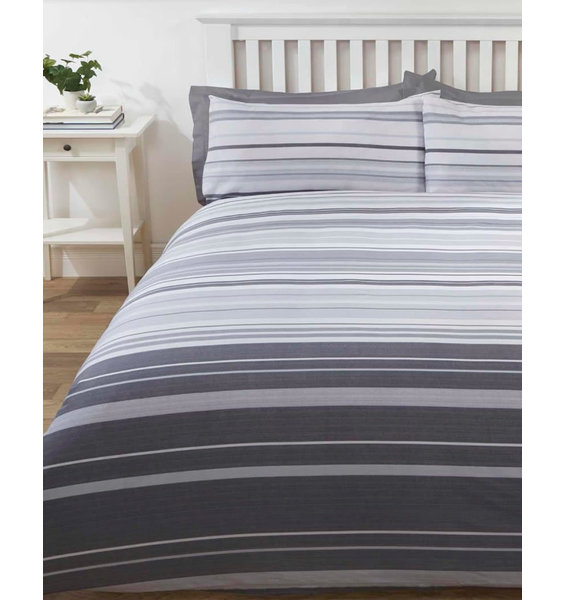 Grey and white Duvet Sets. Narrow bands of grey and white getting larger towards the bottom of the duvet.
