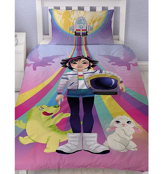 Rainbow, Over the Moon Bedding, with Fei Fei & Friends. The reverse is a pink & purple rocket design.