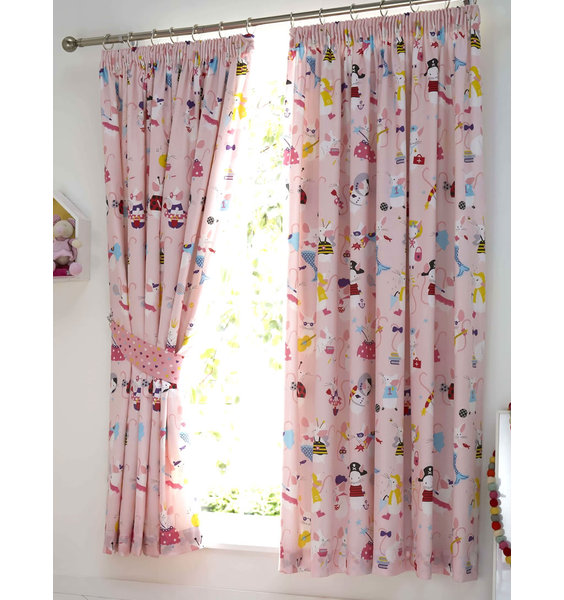 Girls pink bedroom curtains patterned with all her favourite things, cute animals, ribbons, mermaids, bags etc.