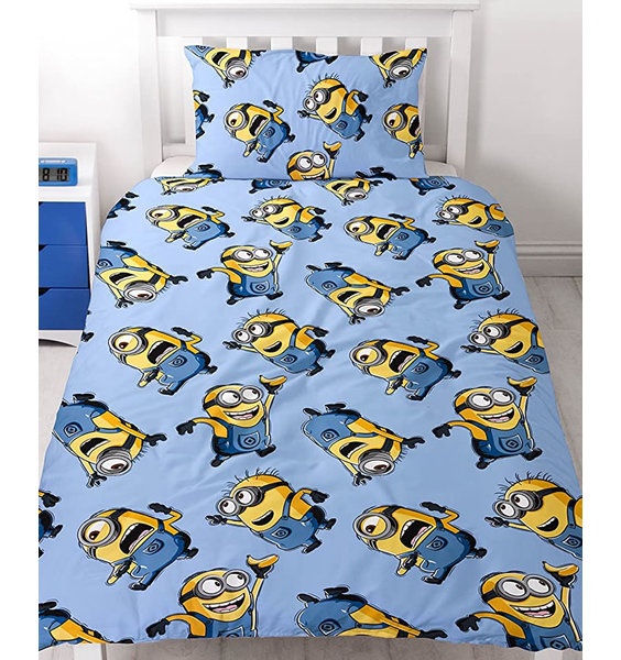 Blue toddler duvet cover and pillowcase patterned with small blue and yellow Minions from Despicable Me movie series.