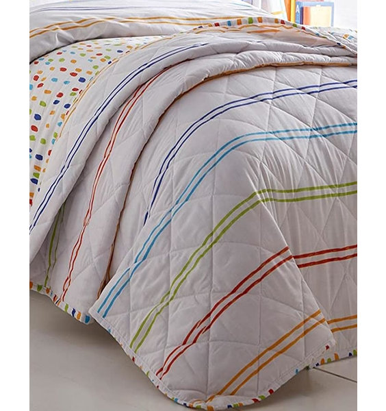White, Coloured Stripes, Doodle Quilted Throw - Bedspread
