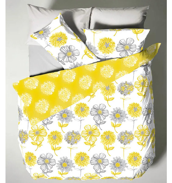 White duvet, with a yellow reverser patterned with large grey and yellow flowers.