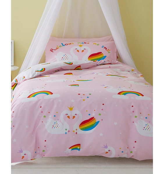Catherine Lansfield Pink Rainbow Swan, Pink And White Duvet Cover Double