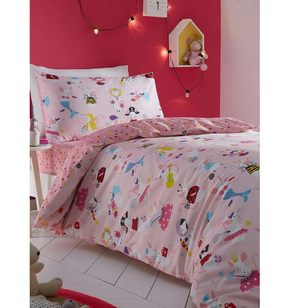 Girls pink duvet covers patterned with cute, dressed up mice, with a reverse of colourful lovehearts on a pink background.