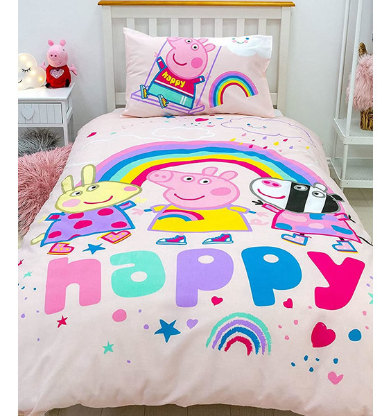 Pink, colourful single duvet with Peppa PIg, Zoe and Rebecca with the works 'happy' in a colourful font