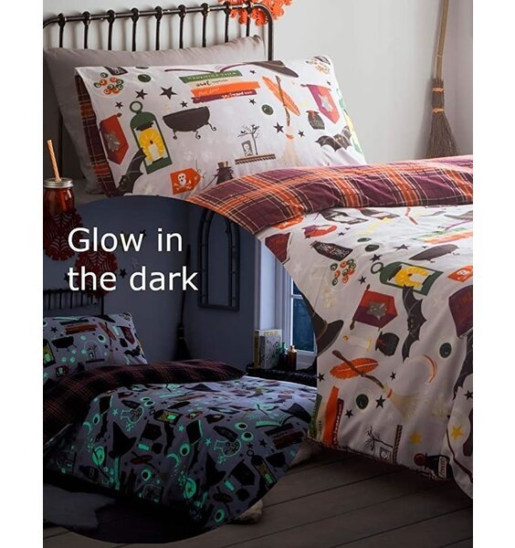 Glow in the Dark Duvet Bats, Spell Books, Potions, Broomsticks and Hat. Red and Orange Tartan Reverse.