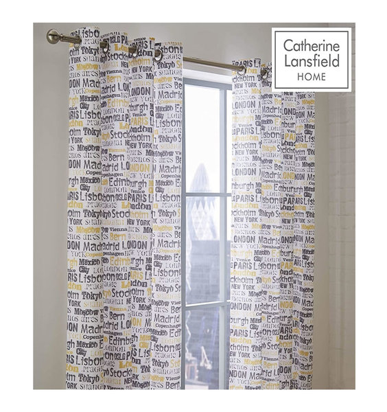 Teenagers City Scape, Lined Eyelet Curtains 66 x 72 Inch - Ochre