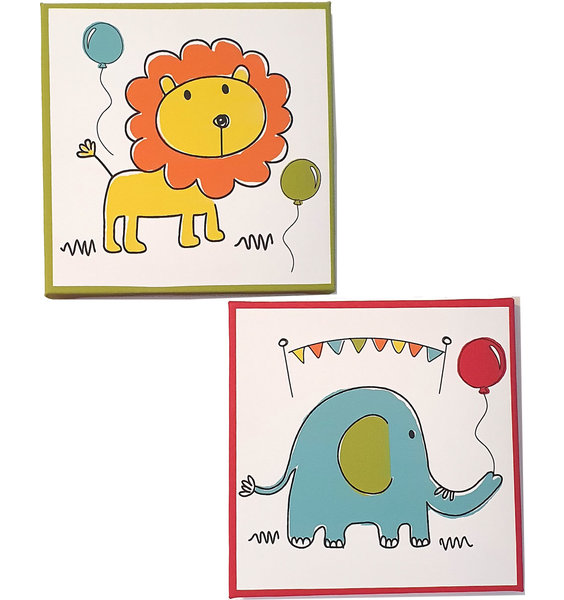 2 x white canvas. One orange and yellow lion, one blue elephant. Circus themed canvas.