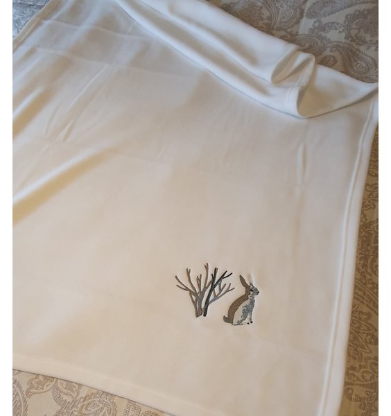 White Fleece Blanket, Embroidered in One Corner With a Winter Rabbit and Winter Tree