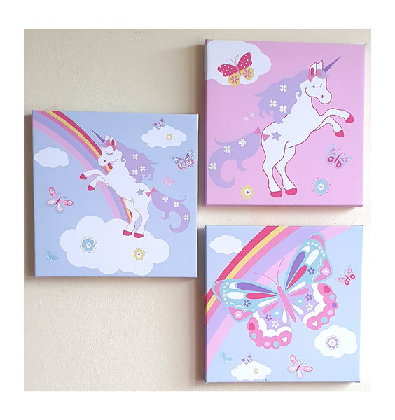 3 x white canvas. 1 pink with unicorn, 1 blue with unicorn and 1 blue with butterfly