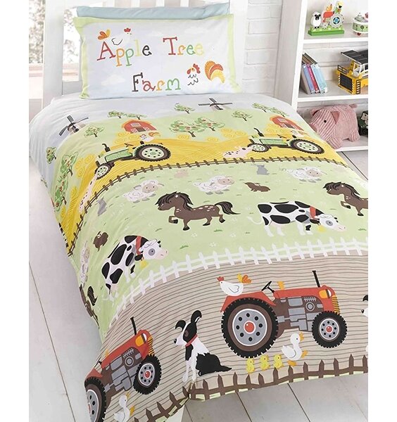 Toddler's Apple Tree Farm Themed Bedding Set. Tractors, Windmills, Cows, Horses, Ducks, Hens and a Sheep Dog
