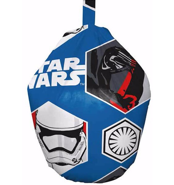 Small, Star Wars Bean Bag. Blue material with white lettering, patterned with Stormtroopers and Darth Vader.