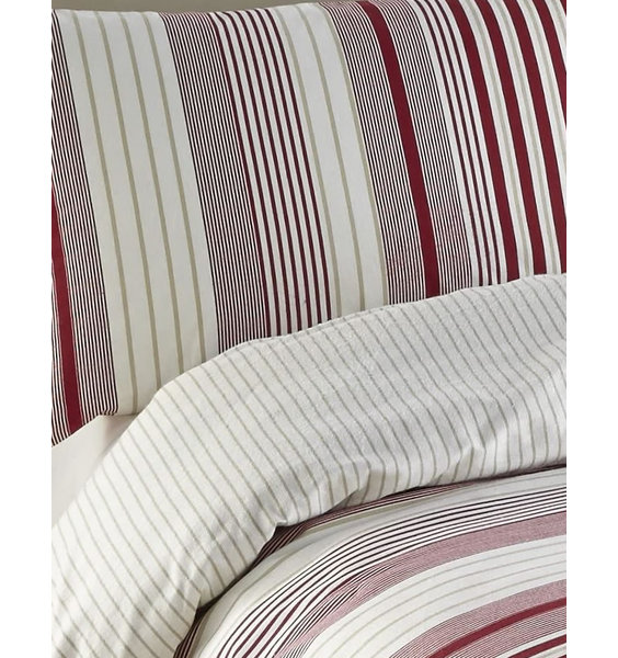 Cosy flannelette red and white sized stripes, with a reverse of off-white with thin gold stripes.