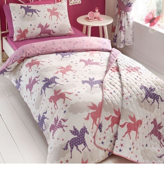 Pink and White Reversible Duvet. Pink & Purple, Patterned Unicorns, or Colourful Stars Pattern.