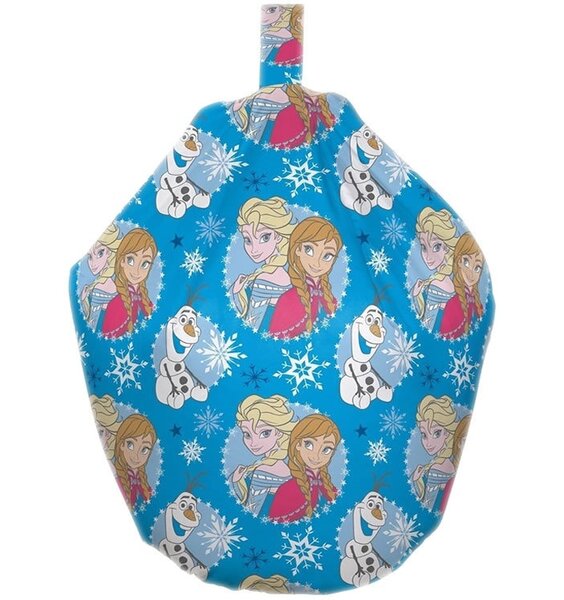 Arrendelle - Disney Frozen blue beanbag, patterned with white and grey snowflakes, Olaf with Anna and Elsa.